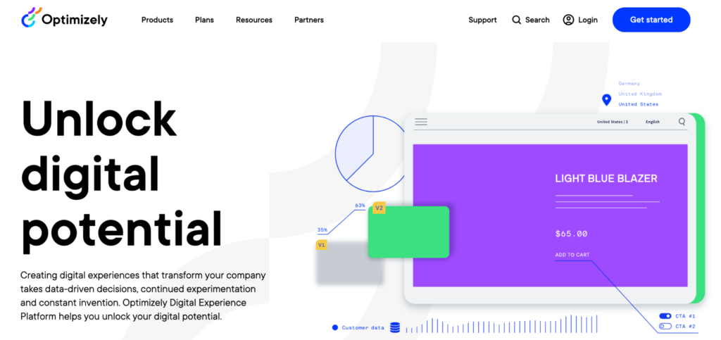 Optimizely homepage: Unlock digital potential